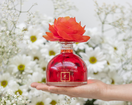 ProfumatoreHypnoCasa Profumatore per ambienti al melograno dell'azienda Hypno Casa. Il profumo viene diffuso attraverso una rosa posta sopra la boccetta in vetro che contiene il profumo. Il colore di questa profanazione è il rosso. Fanno da sfondo alla foto delle gerbere bianche