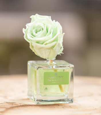Diffusore d'ambiente Elisir di Ars Nova da 100 ml, caratterizzato da una raffinata rosa eterna stabilizzata di colore verde chiaro che sormonta la bottiglia quadrata in vetro trasparente